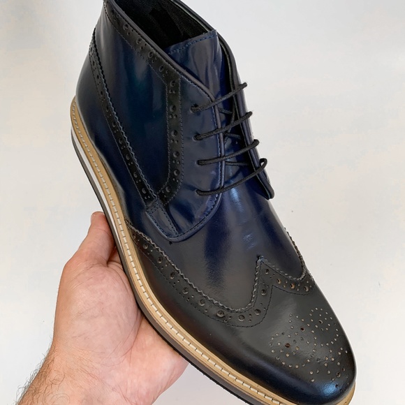 Navy Blue Wingtip Derby Leather Half Boots - Picture 3 of 4